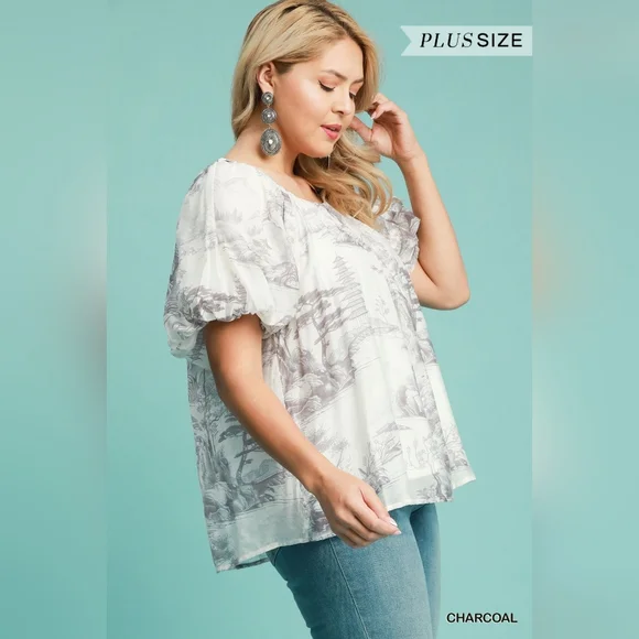 Umgee Cream And Grey Toile Print Puff Sleeve Top - Picture 2 of 7